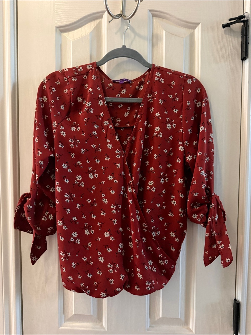 West Kei Red Floral Surplice Tie-Sleeve Blouse